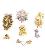 Vintage Brooch Lot Christmas Rhinestone Pin Crystals Bell Snowflake Rein... - $30.00