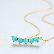 5 Round Created Opal Beads Bar Pendant Necklace 18K Yellow GP Chain/ Girl&#39;s Gift - £70.16 GBP