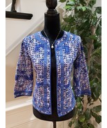 Chico&#39;s Blue Eyelet Cotton 3/4 Sleeve Open Front Cardigan Jacket Size 0 ... - $43.32 CAD