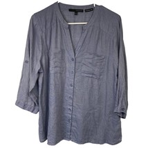 Harve Benard Button Front Shirt Womens L V Neck 3/4 Sleeves Washable Linen Blue - £10.01 GBP