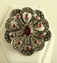 Vintage Sterling Silver NF 925 ruby marcasite flower filigree brooch - £39.46 GBP