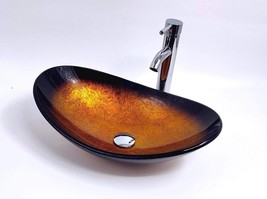 Handmade Gold Bronze Artistic Boat Shape Bathroom Tempered Glass Vessel Sink set - £109.91 GBP