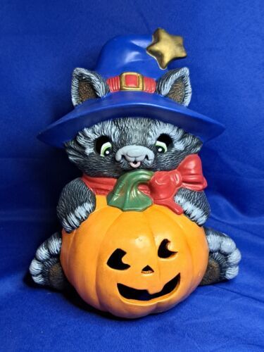 Primary image for HALLOWEEN - CERAMIC LIGHT UP BLACK CAT WITH HAT AND JACK-O-LANTERN - 1988