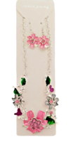 New Women&#39;s Necklace &amp; Earrings Multicolor Flowers Adj Length Silver Tone Chain - £12.66 GBP
