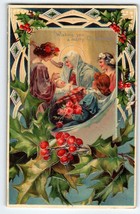 Christmas Postcard Baby Jesus Madonna Child Holly Berries Embossed Leaves 1908 - £8.43 GBP
