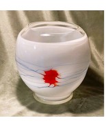 White Art Vase, Lg 8.5&quot;, Blue String Glass Accents &amp; Red/Orange, Sunburs... - £24.92 GBP