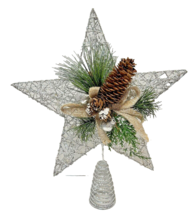 Vintage Metal Silver Star Christmas Tree Topper Glitter Pinecones Pine 13.5x11&quot; - £8.72 GBP