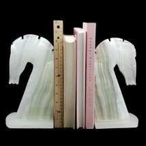 Onyx Marbled White Stone Trojan Horse Head Bookends Chess Knight 10.5 in - £121.54 GBP