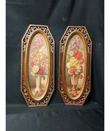 MCM 1964 Syroco Wall Plaque Set 2 Cecil Rubino Floral Still Life Gold Fr... - $48.00 CAD