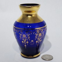 Ferro &amp; Lazzarini  Murano Cobalt Blue 22K Gold  Vase 4.5” Italy Vintage - $38.95