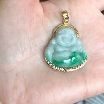 14K Solid Gold Happy Laughing Buddha Natural Green Jade Male Pendant - P475 - £784.87 GBP