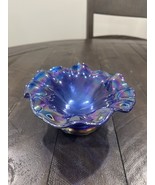 Cobalt Blue Carnival Glass Bowl Rare Ruffled Luster 6” Signed - $69.29