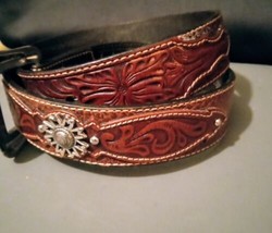 Ariat 34/85 Brown Leather Western Belt With Buckle Unisex Embossed - £20.35 GBP