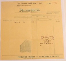 Vintage Molton Hotel Invoice Bill August 23 1948 Mobile Alabama Box2 - $12.86