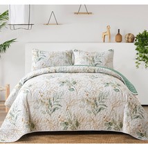 Floral Quilt Size,Green Botanical Quilt 3 Pieces,Reversible Soft Bedspre... - $68.99
