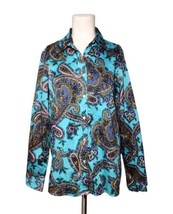 Talbots Paisley Button Up Top Size S Stretch Turquoise Vented Cotton Colorful  - £15.04 GBP