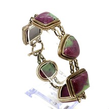 Vintage Sterling Silver Rare Chunky Green Ruby Zoisite Cabochon Link Bracelet 8&quot; - £217.58 GBP