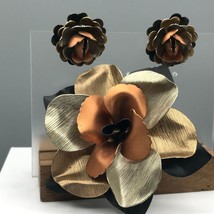 Autumn Mixed Metals Flower Brooch Pin and Clip On Earrings, Gift Jewelry Set - £33.98 GBP