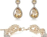 Bridal Wedding Rhinestone Earrings Bracelet Set - Gold Plated Champagne ... - $12.86