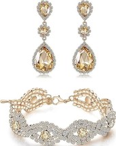 Bridal Wedding Rhinestone Earrings Bracelet Set - Gold Plated Champagne Crystal - £10.27 GBP