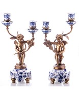 Porcelain With Bronze Candle Holders Set/2 With Angel Decor, Perfect Gift - £435.36 GBP