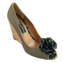 BEVERLY FELDMAN Shoes Poetic Khaki Canvas Wedge Heels Olive Open-Toe Wom... - $35.99