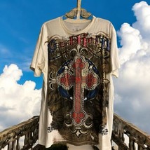 Last Hold Men&#39;s Graphic White T-shirt With Gold Textured Cross Size XL Y... - $18.80