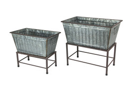 Zeckos Set of 2 Galvanized Zinc Finish Metal Tub Planters On Stands - £102.89 GBP