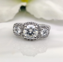 Silver 2.5CT Round 3 Stone Halo Wedding Engagement Ring, 3 CZ Diamond Ring - £90.75 GBP