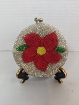 Vtg Beaded Round Coin Purse Poinsettia Flower Silver Red Made in Korea - £11.00 GBP