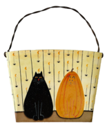 Halloween Metal Wall Basket Primitive Painted Pumpkin &amp; Black Cat Crazy ... - £18.91 GBP