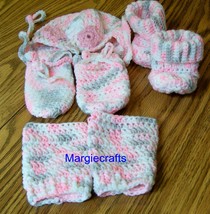 Baby Clothing, Hat, Mittens, Booties, Leg Warmers, Crochet, Handmade, 3-6 Months - £23.91 GBP