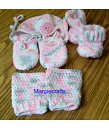 Baby Clothing, Hat, Mittens, Booties, Leg Warmers, Crochet, Handmade, 3-6 Months - £25.17 GBP