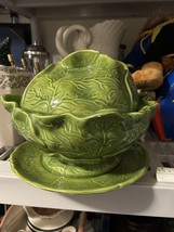 Vintage Holland Mold Cabbage Serving Bowl With Lid &amp; Plate  Green Ceramic - $45.00