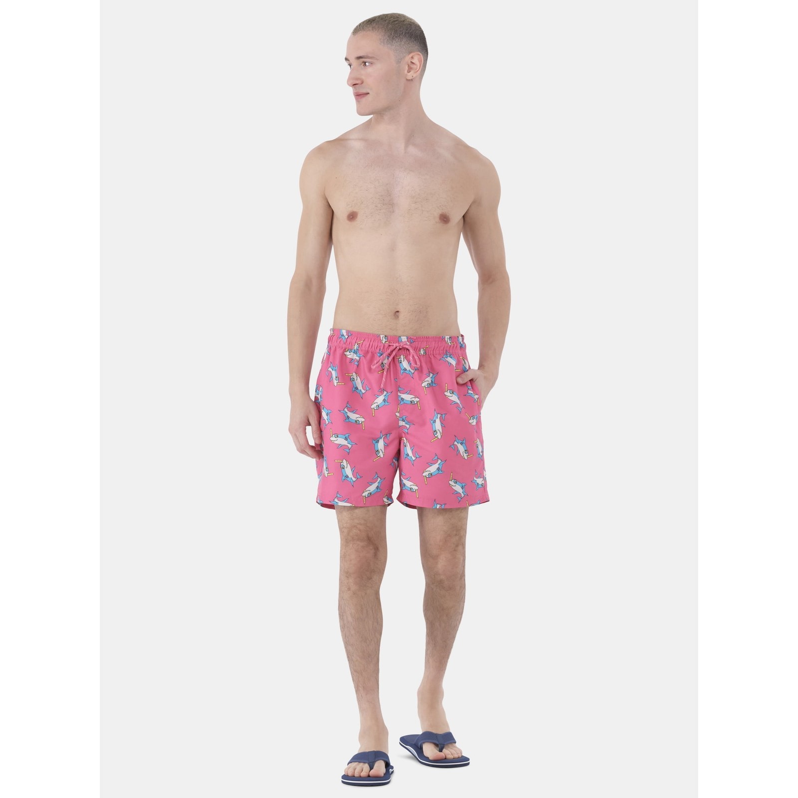 No Boundaries Men's Elastic Waist Swim Trunks 6" Inseam Pink Sharks L (36-38) Item image 2