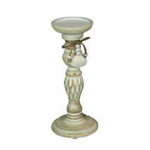 11 Inch Wood Pedestal Candle Holder Rustic White Washed Pillar With Sea Shells - £18.95 GBP