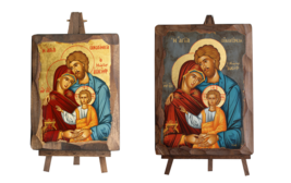Holy Family Handmade Byzantine Icon on Canvas with Gold Leaf Natural Wood Icon - £49.67 GBP+