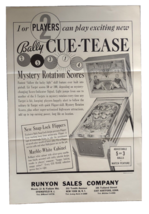 Cue-Tease Pinball Machine Flyer 1963 Original Game Art Pool Table Billiards - £42.41 GBP