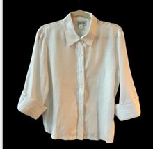 Coldwater Creek Top Button Up 100% Linen Shirt Sz M White 3/4 Sleeve Lace Cuffs - £15.58 GBP