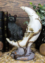 Witching Hour Halloween Black Cat Sitting On Crescent Moon Skull Figurine - $26.99