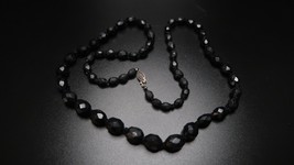 Antique Art Deco Ornate Sterling Silver Clasp Graduated Onyx Necklace 25&quot; - £58.38 GBP