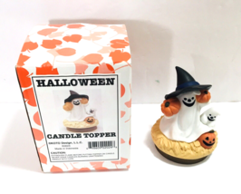 Vtg Halloween Ghost in Witch Hat &amp; Pumpkins Candle Jar Topper Koto Designs 2000 - £22.40 GBP