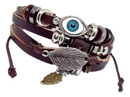 Evil Eye Bracelet Leaf Owl Multi Strap Protection Adjustable Leather Jewellery - £6.95 GBP