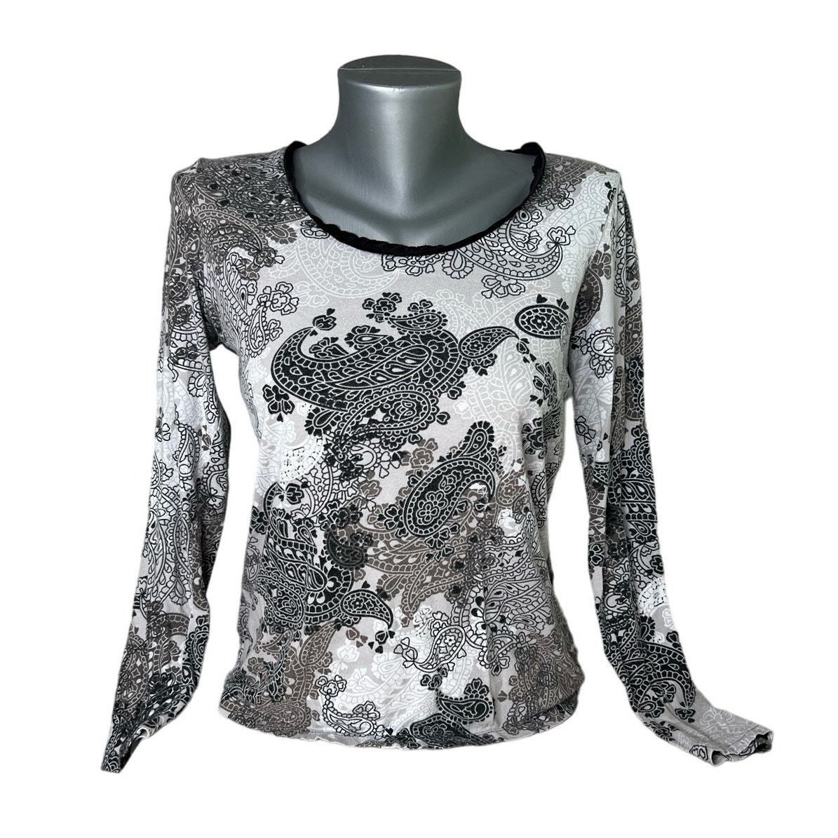 Fashion Bug Y2K Black and White Paisley Long Sleeve T-Shirt Blouse Size ... - $11.88