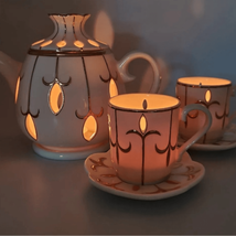 Partylite Tea For Two Tea Lite Candle Teapot and Tea Cup Set  Ivory Gold - £15.36 GBP