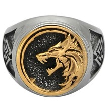 Norse Fenrir Signet Ring Mens Gold PVD Stainless Steel Viking Valknut Wolf Band - £14.84 GBP