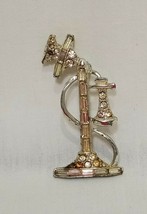 Vintage Candlestick Telephone Metal Brooch Pin Rhinestone 2&quot; Costume Silver Tone - £10.30 GBP