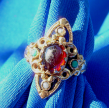 Art Nuoveau Garnet Pearl Turquoise Ring Antique Victorian 14k Deco Setting - £1,932.35 GBP