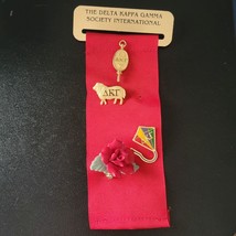 Vintage The Delta Kappa Gamma Society International Red Ribbon with 4 Pins - £39.28 GBP