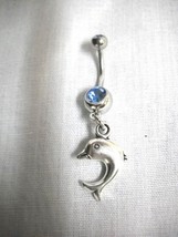 NEW SHINY DOLPHIN 2 SIDED DANGLING CHARM ON DBL BABY BLUE CZ BELLY BUTTO... - $4.99
